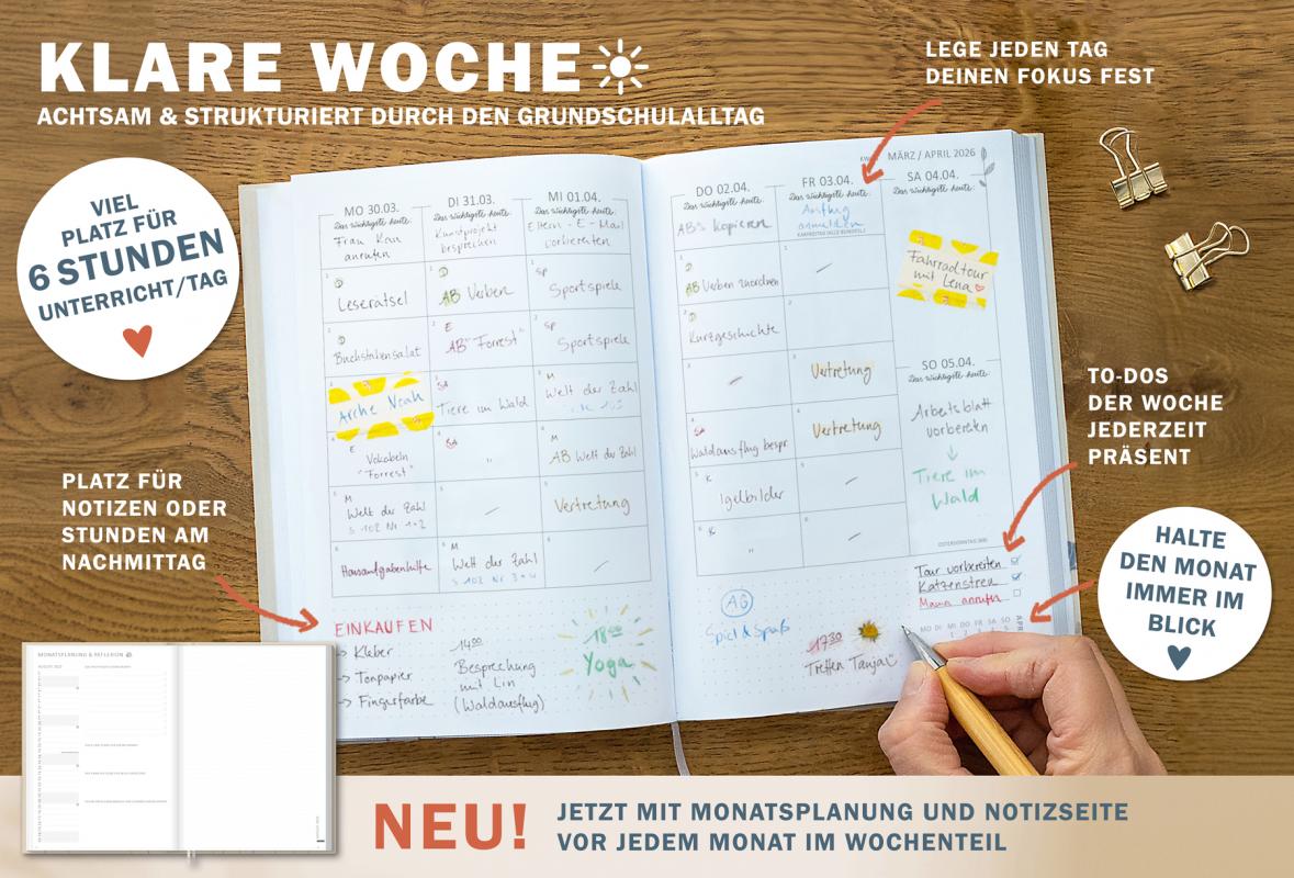 Terminkalender für GrundschulLehrerinnen & Lehrer, Schuljahr 2025 2026, mit Stundenplan, Klassenliste und Planungshelfer