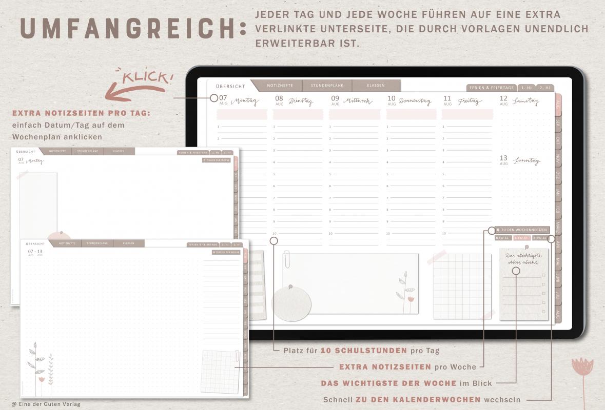 Detailansicht Wochenplanung, digitaler Lehrerkalender 2023 2024 mit extra Notizseiten für jeden Tag und jede Woche