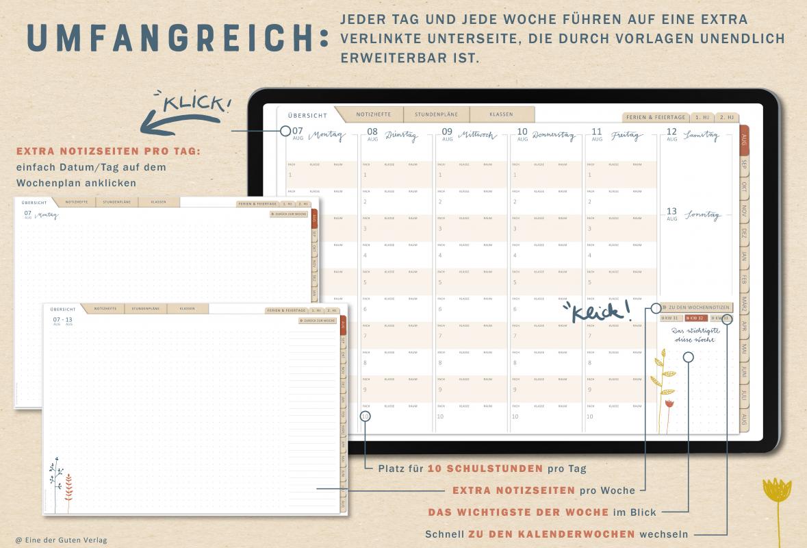Detailansicht Wochenplanung, digitaler Lehrerkalender 2023 2024 mit extra Notizseiten für jeden Tag und jede Woche