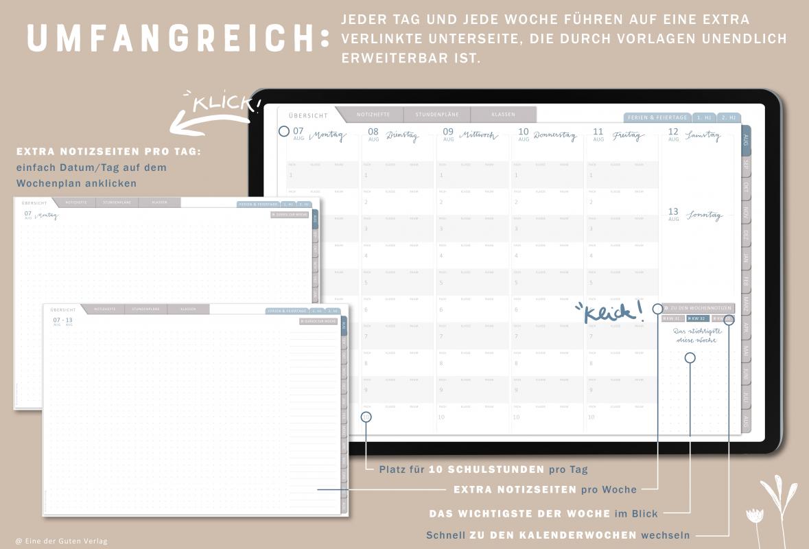 Detailansicht Wochenplanung, digitaler Lehrerkalender 2023 2024 mit extra Notizseiten für jeden Tag und jede Woche