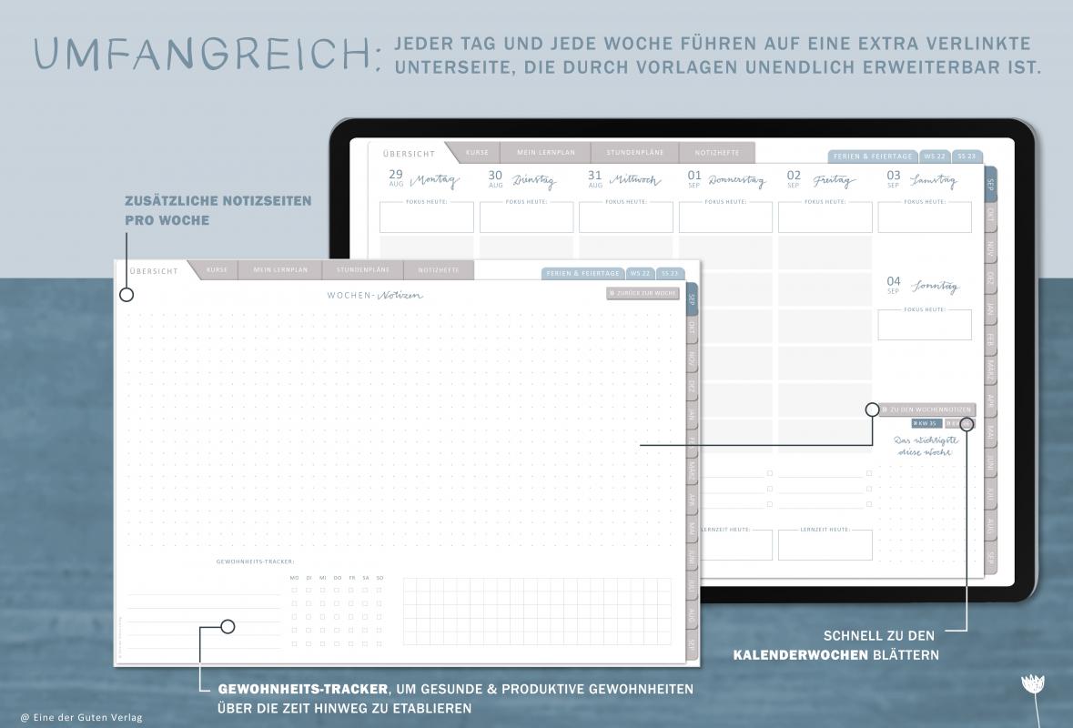 Detailansicht Wochenplanung, digitaler Studienplaner 2022 2023 mit extra Notizseiten für jeden Tag und jede Woche