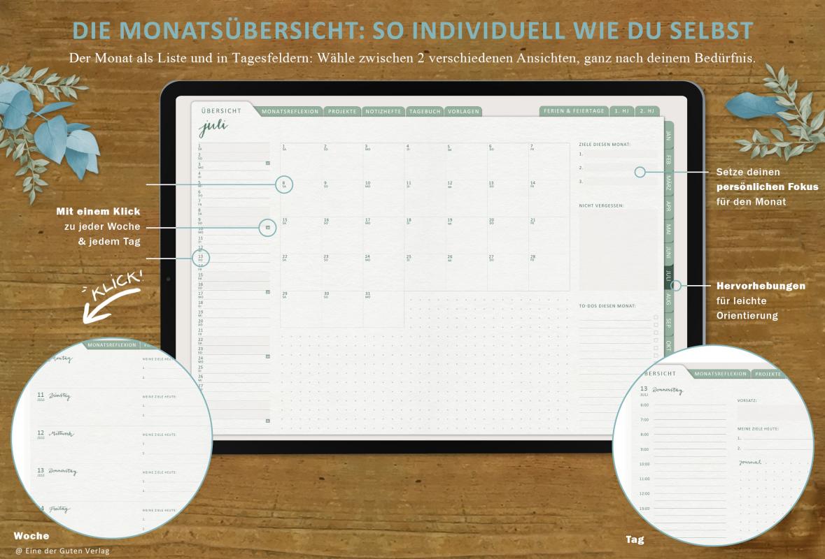 Detailansicht Tagesplanung, digitaler Terminplaner 2023 mit extra Notizseiten für jeden Tag