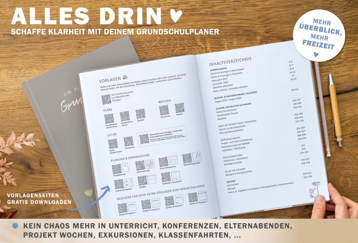 Lehrerkalender 2025 2026 grau mit Blumen mit Planungshelfer für Unterrichtsvorbereitung und Schuljahr Planung