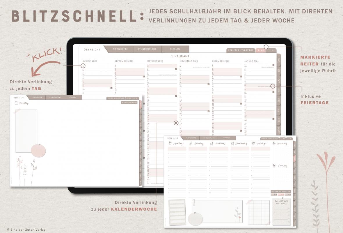 Schulhalbjahre in der Übersicht mit Verlinkung zu den Kalenderwochen, Jahresübersicht Lehrerplaner für Schuljahr 2023 2024, Terminkalender zum Download