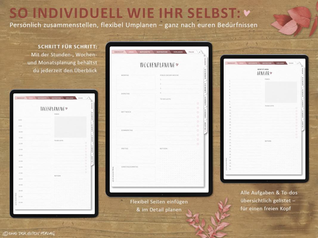 Digitaler Hochzeitsplaner für alle wichtigen Termine, mit Tagesplanung, Wochenplan, Monatsübersichten, etc.