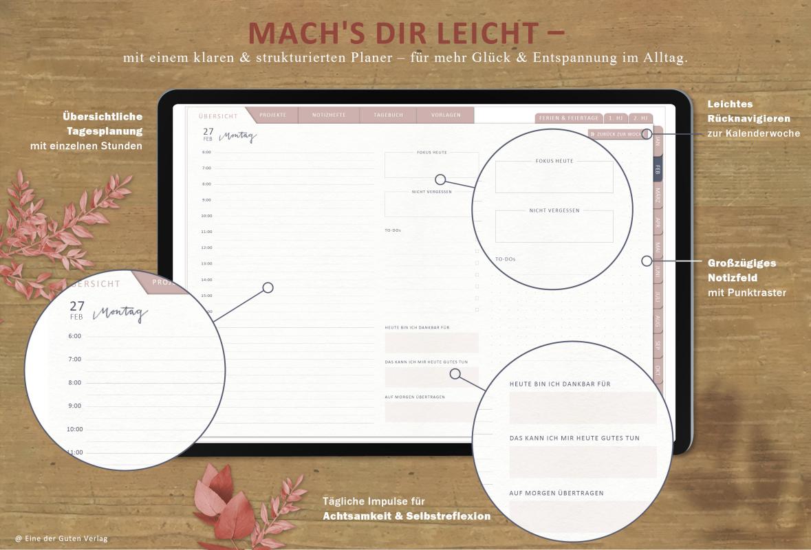Detailansicht Tagesplanung, digitaler Terminplaner 2023 mit extra Notizseiten für jeden Tag