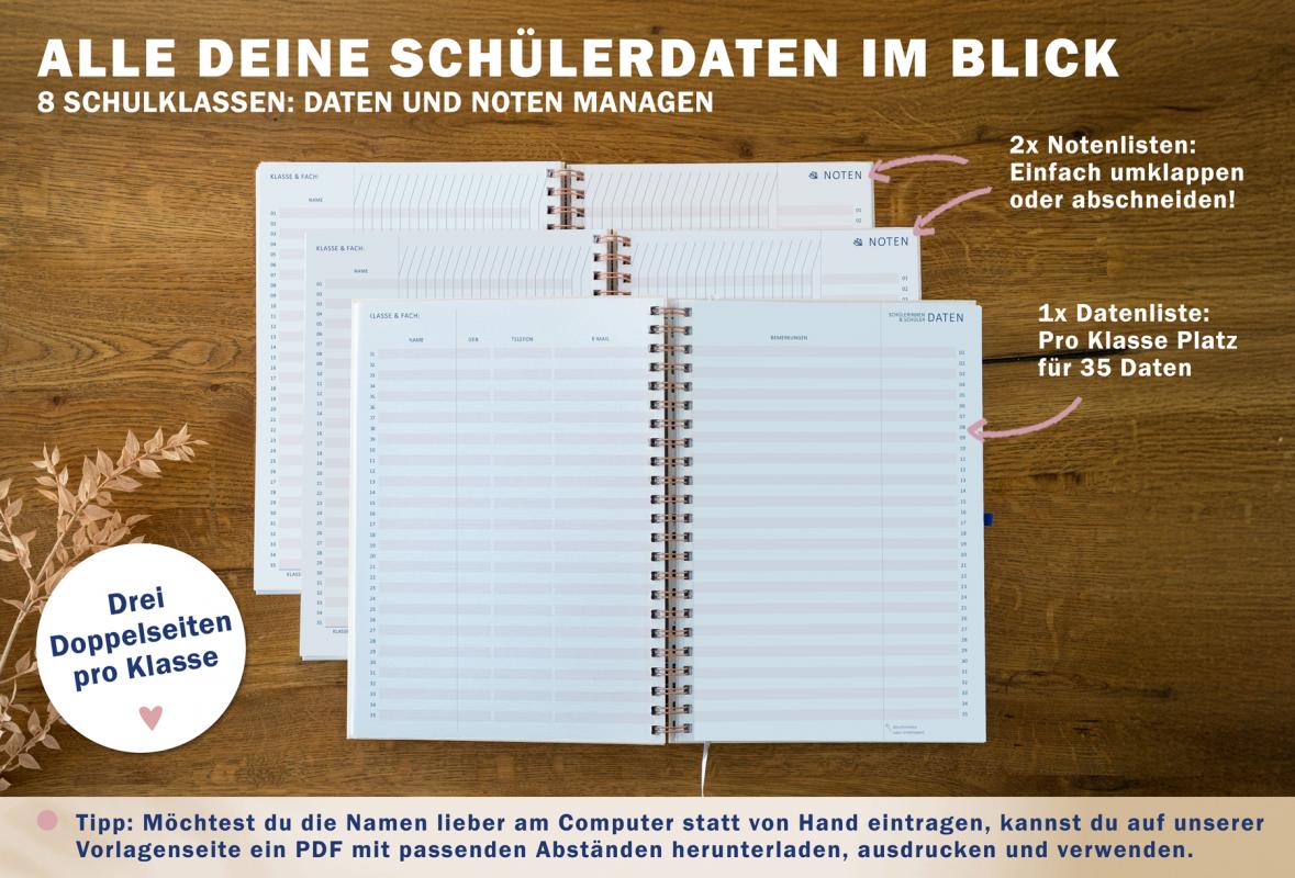 Lehrerkalender für Schuljahr 2025 2026, rosa blau, mit Stundenplan, Klassenlisten, Kontaktlisten, Klassenarbeiten Planung, Vertretungsstunden, u.v.m.