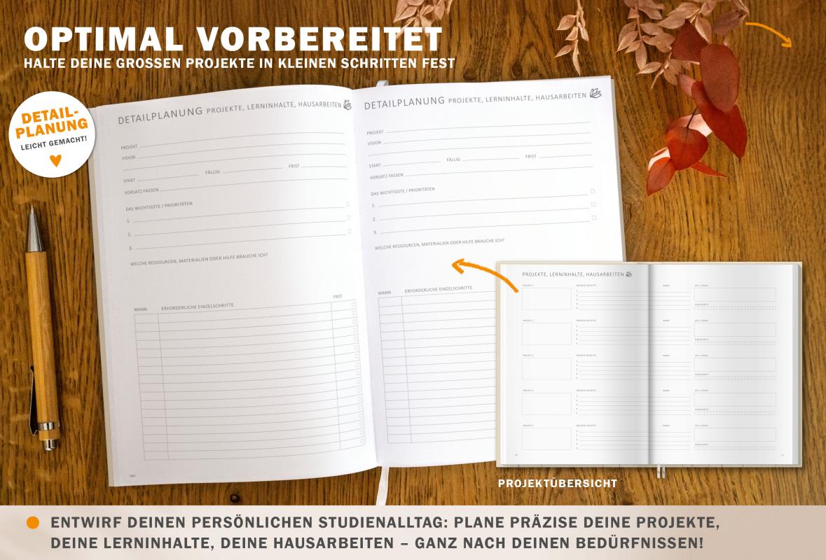 Studienkalender für Semester 2024 2025, creme beige mit Blumen, mit Monatskalender und zwei Seiten für die Wochenplanung
