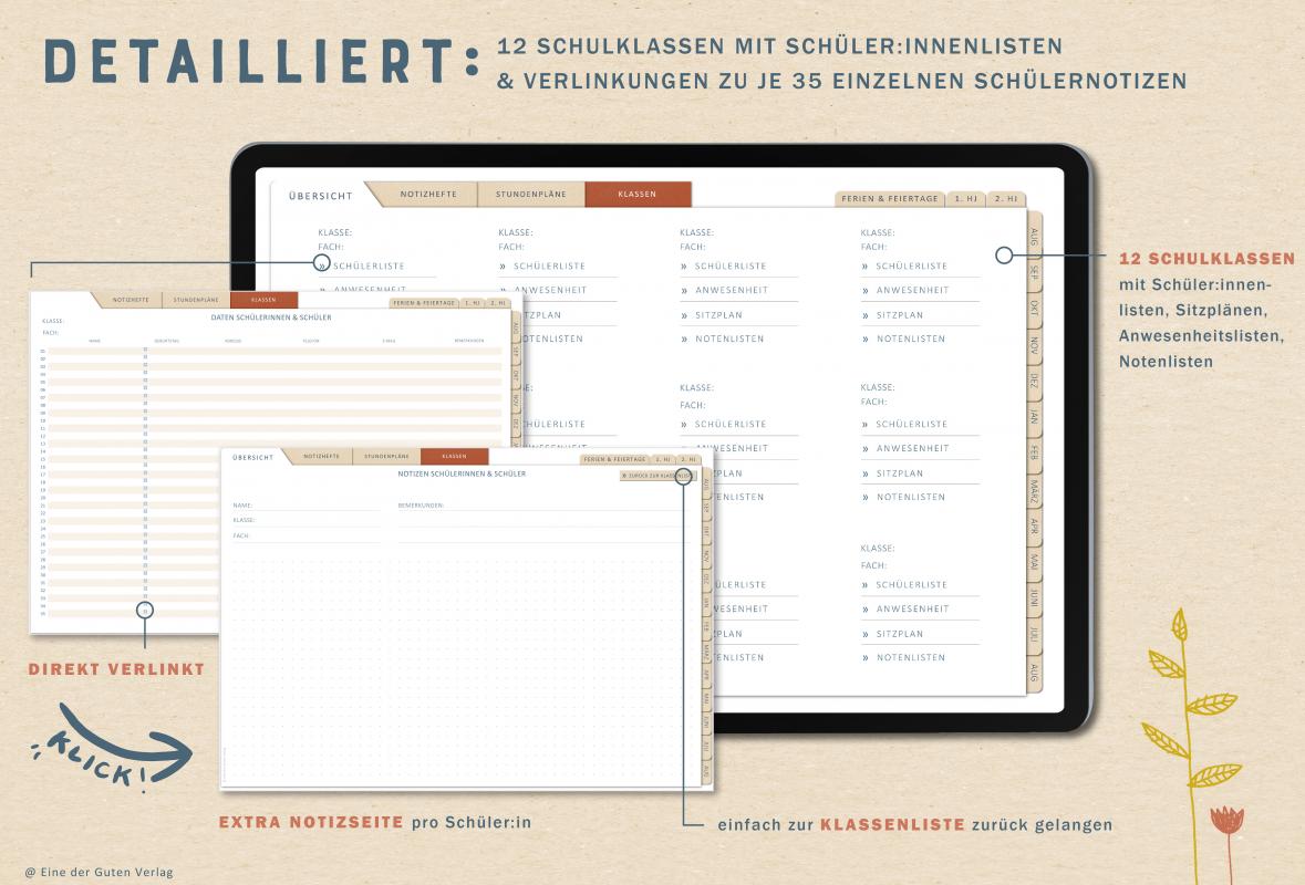 Download Terminkalender für Lehrerinnen & Lehrer, Schuljahr 2023 2024, mit Stundenpläne, 9 Klassenlisten für 35 Schüler:innen und weitere Planungshelfer