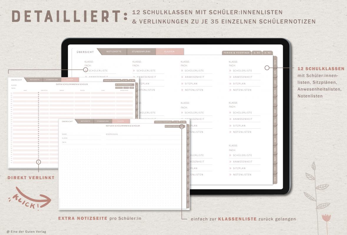 Download Terminkalender für Lehrerinnen & Lehrer, Schuljahr 2023 2024, mit Stundenpläne, 9 Klassenlisten für 35 Schüler:innen und weitere Planungshelfer