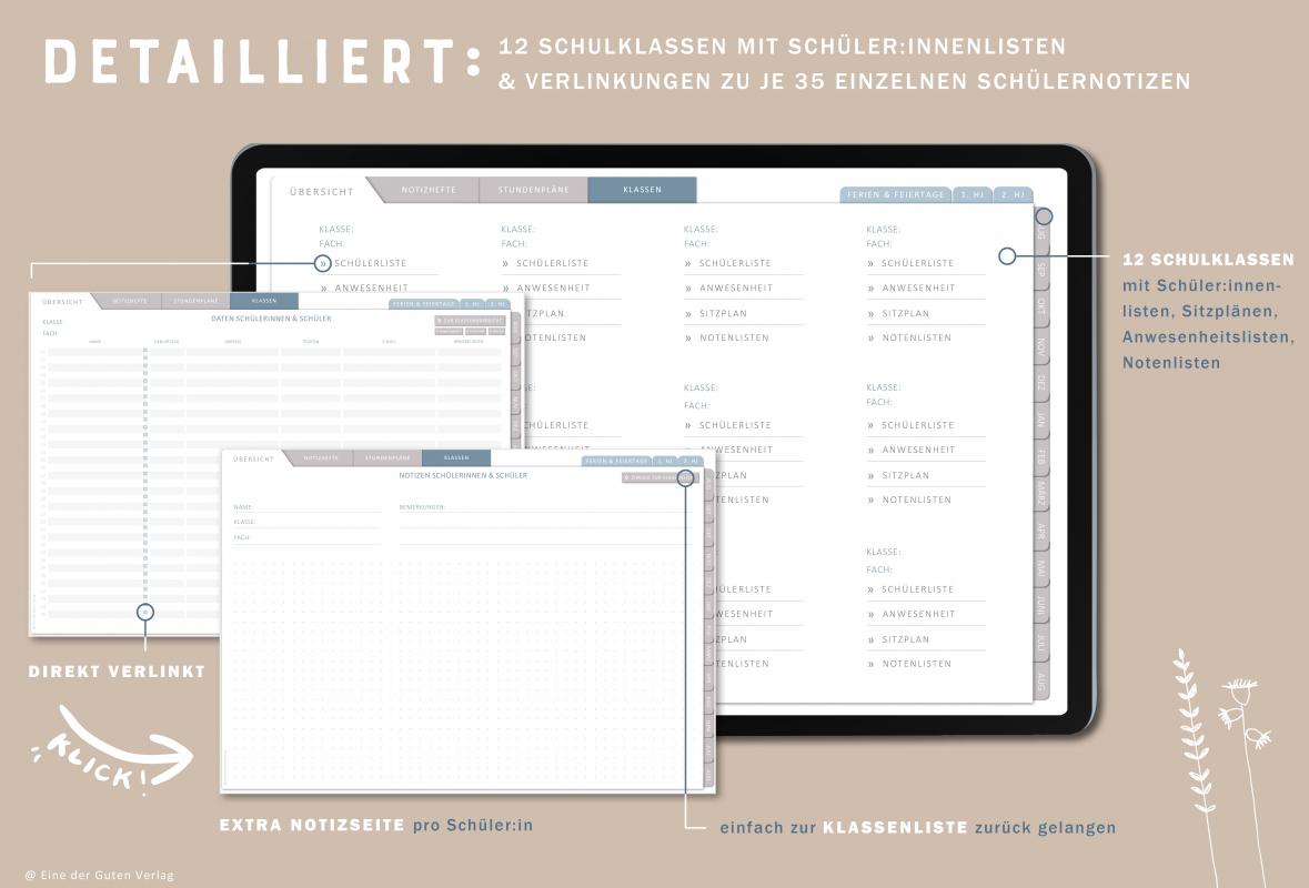 Download Terminkalender für Lehrerinnen & Lehrer, Schuljahr 2023 2024, mit Stundenpläne, 9 Klassenlisten für 35 Schüler:innen und weitere Planungshelfer