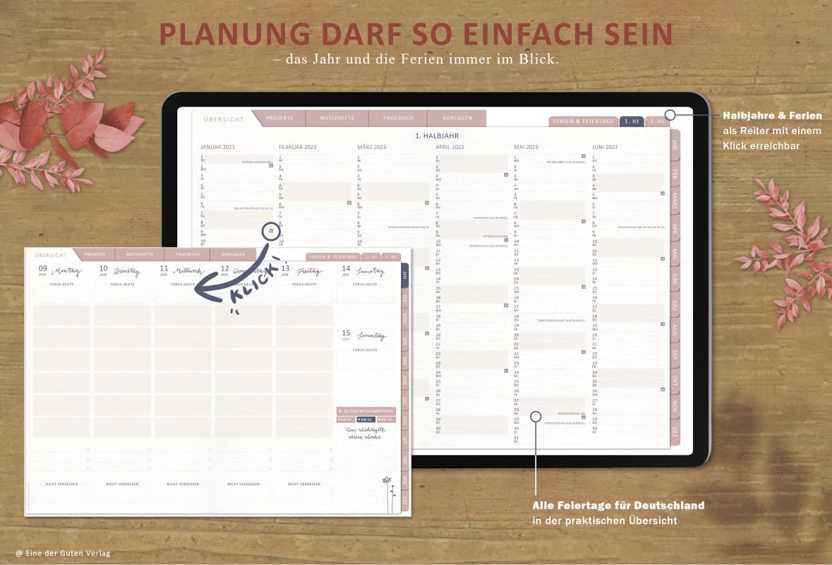 Halbjahre in der Übersicht mit Verlinkung zu den Kalenderwochen, Jahresübersicht für Kalenderjahr 2023, Terminkalender zum Download