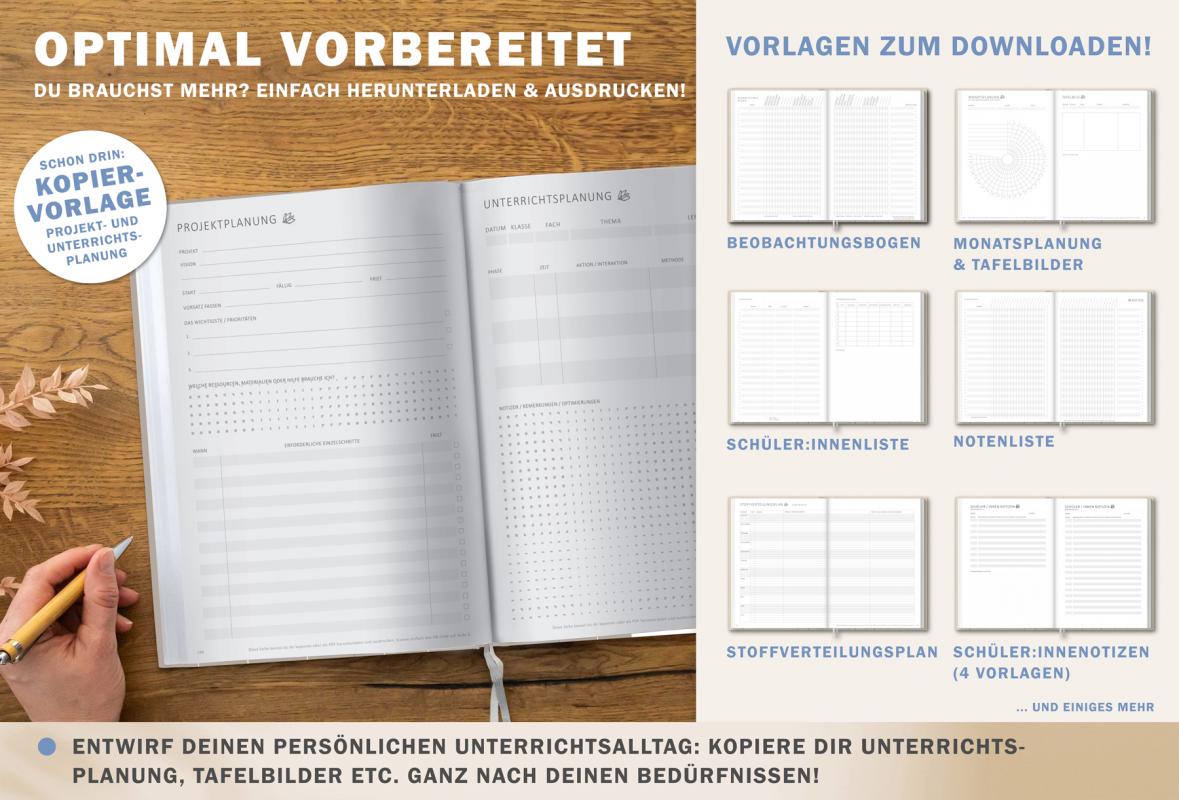 Lehrerkalender für Schuljahr 2025 2026, hell-grau weiß blau gelb, mit Stundenplan, Klassenlisten, Kontaktlisten, Beobachtungsbögen, Vertretungsstunden, u.v.m.