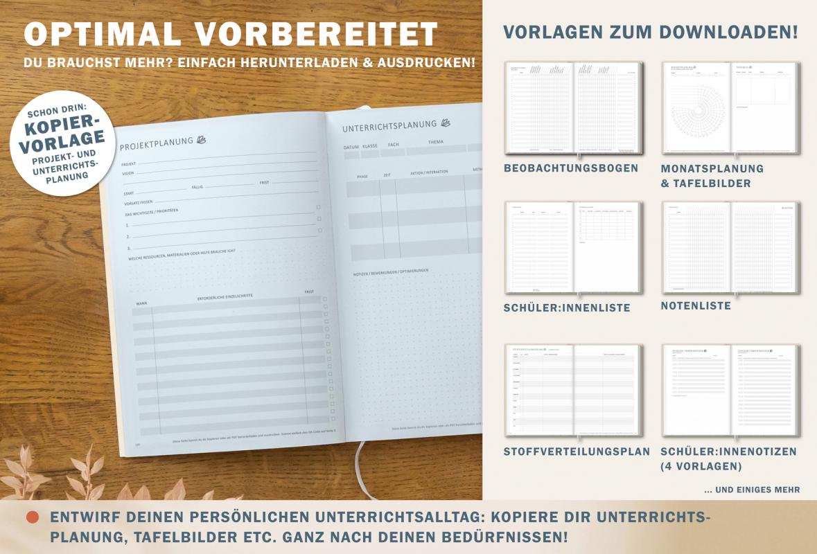 Jahresübersicht Lehrerplaner für Schuhljahr 2025 2026, Terminkalender, eine Woche zwei Seiten, grau beige