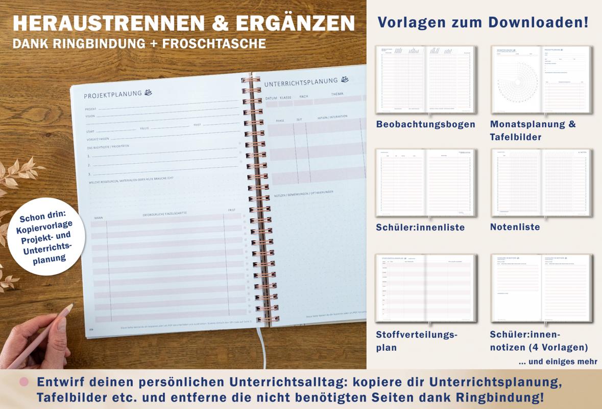 Jahresübersicht Lehrerplaner für Schuljahr 2025 2026, Terminkalender, eine Woche zwei Seiten, creme dunkelblau altrosa
