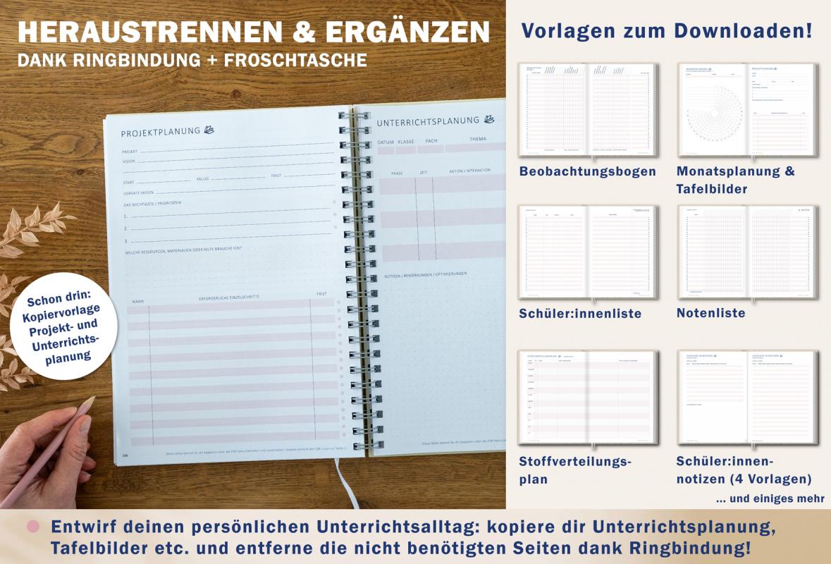 Jahresübersicht Lehrerplaner für Schuhljahr 2025 2026, Terminkalender, eine Woche zwei Seiten, gelb dunkelblau pink