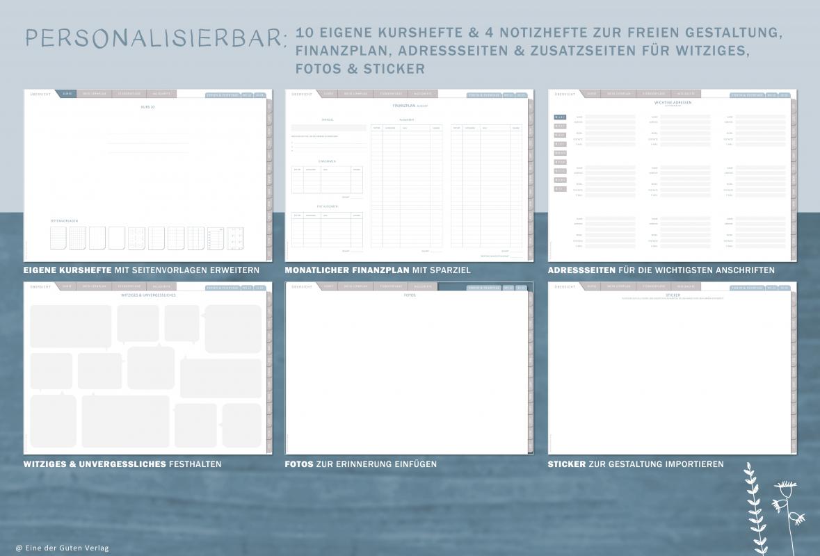 Digitaler Studienkalender für Semester 2022 2023 zum Download, individuell gestaltbar, mit Stundenplan, Raumplan, Klausurliste, Notenliste, Kontaktlisten, u.v.m.