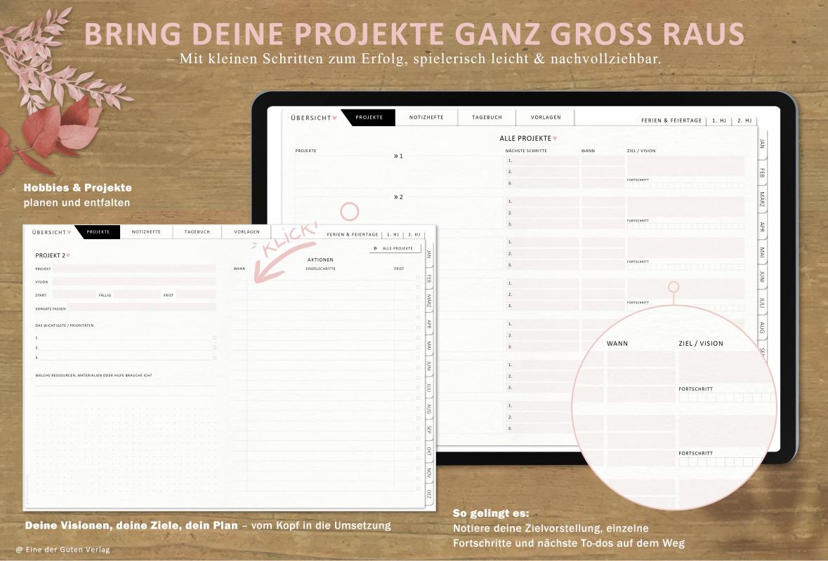 Download Terminkalender für 2023, mit Projektplaner für 7 Projekte und weitere Planungshelfer