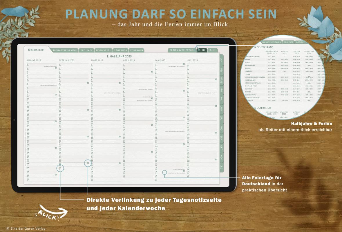 Digitaler Terminplaner für 2023 zum Download, individuell gestaltbar, mit Notizheften, Tagebuch, Bucketliste, Finanzplan, u.v.m.