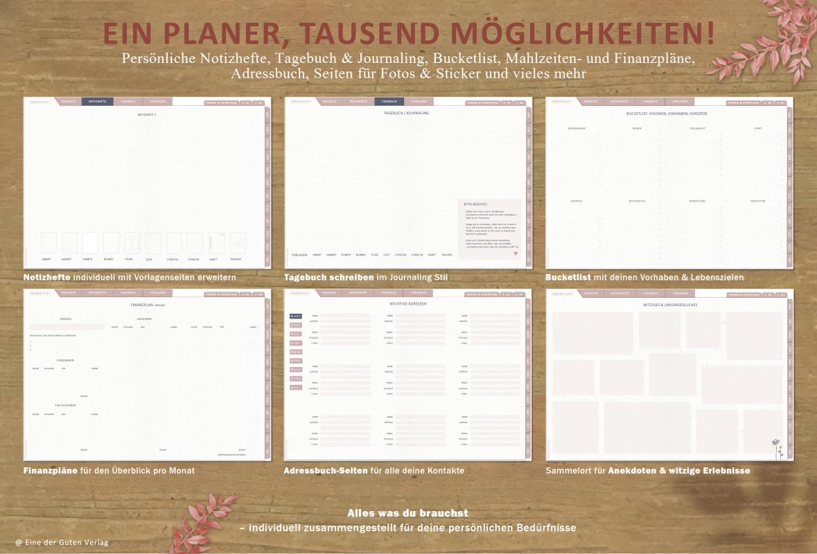 Digitaler Terminplaner für 2023 zum Download, individuell gestaltbar, mit Notizheften, Tagebuch, Bucketliste, Finanzplan, u.v.m.