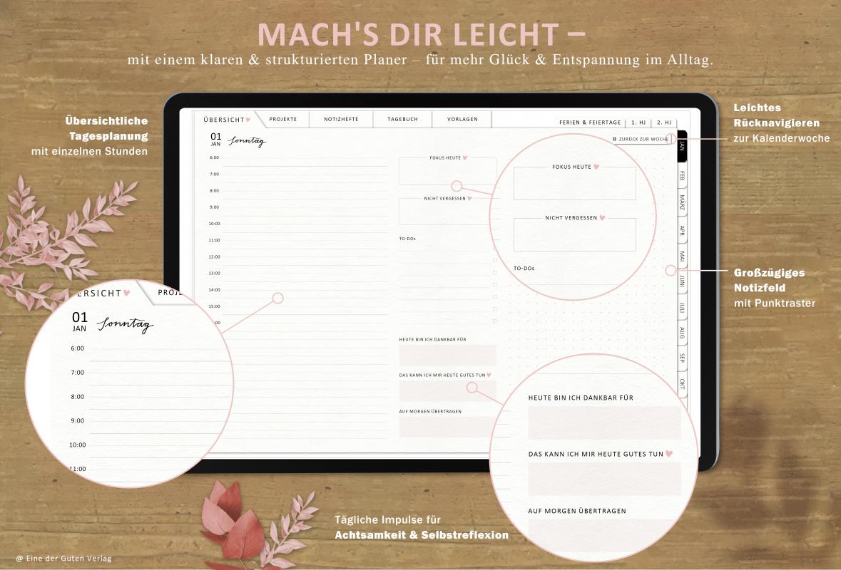 Detailansicht Tagesplanung, digitaler Terminplaner 2023 mit extra Notizseiten für jeden Tag