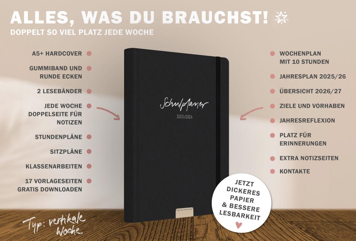 Detailansicht Wochenplanung Lehrerkalender 2025 2026 mit Jahresübersicht, Stundenpläne, Klassenliste, weiß