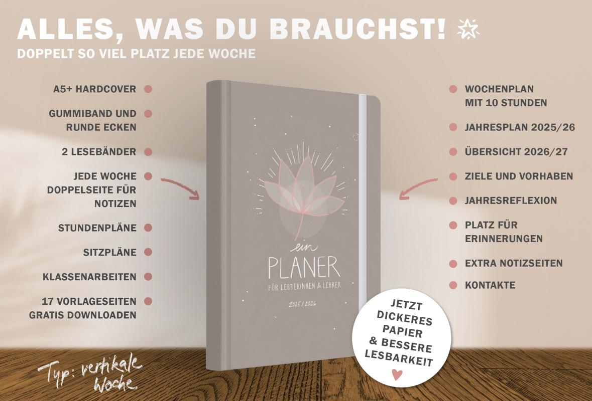 Detailansicht Wochenplanung Lehrerkalender 2025 2026 mit Jahresübersicht, Stundenpläne, Klassenliste, grau beige