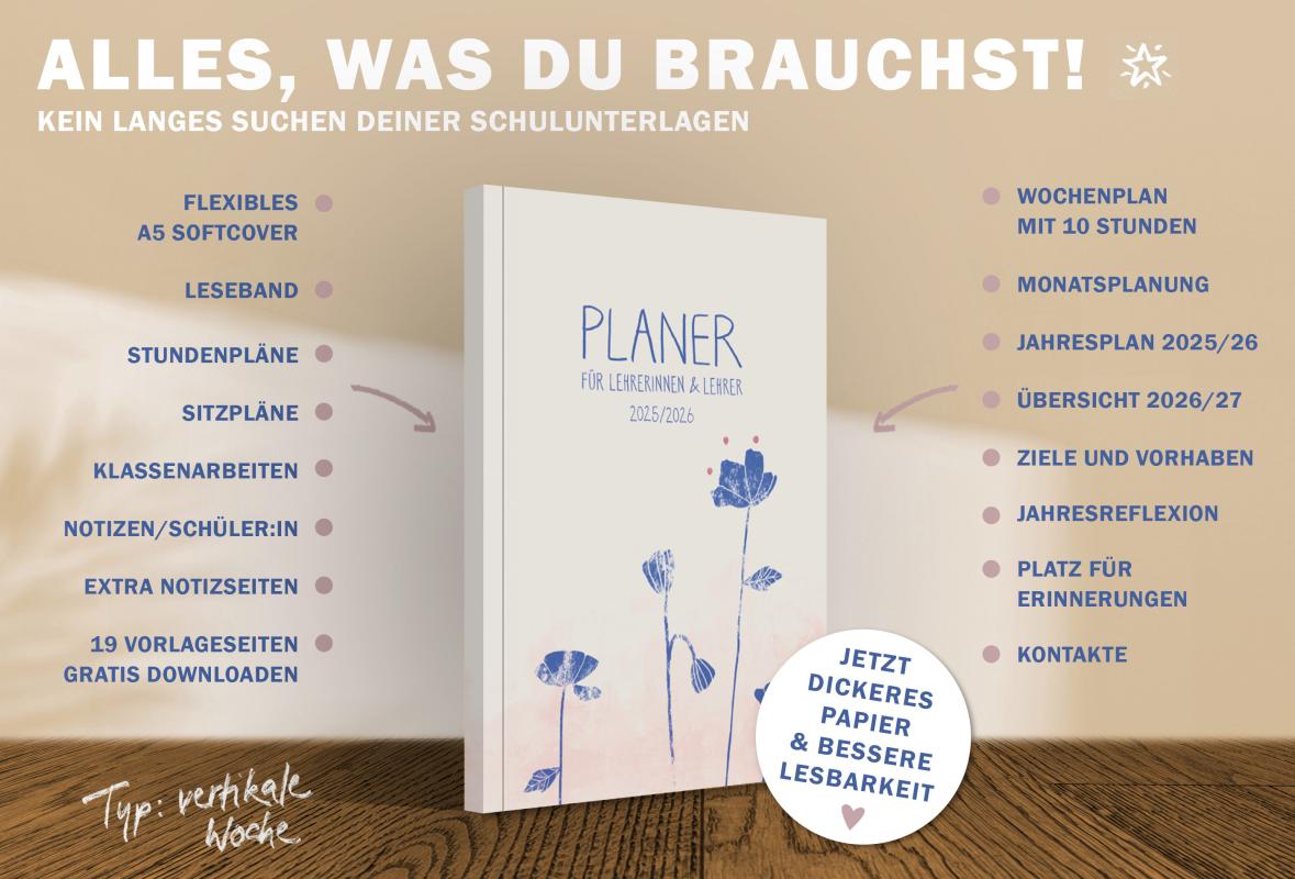 Lehrerkalender 2025 2026 creme blau rosa mit Planungshelfer für Unterrichtsvorbereitung und Schuljahr Planung