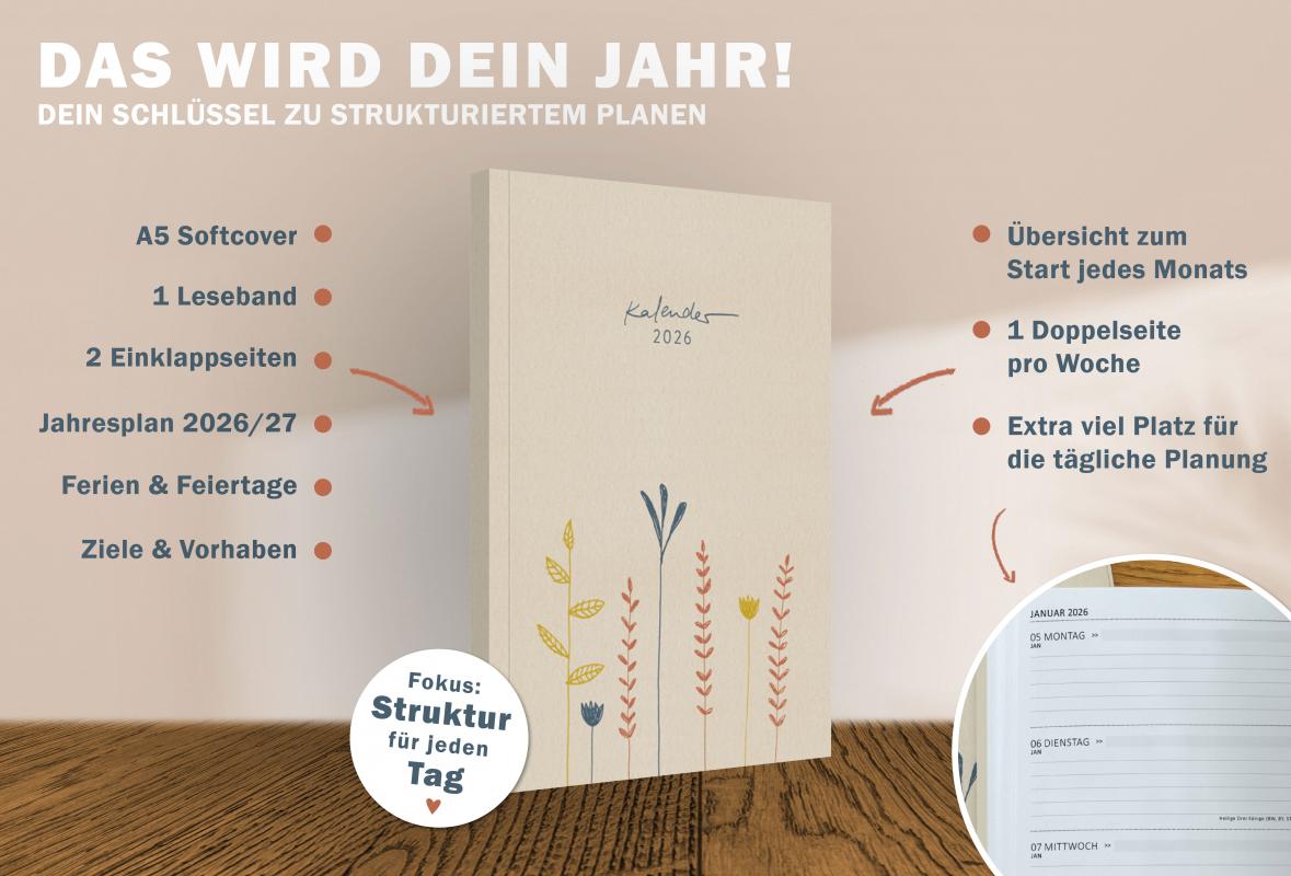 A5 Terminkalender 2026 mit blanko Seiten liniert für To-Do & Check-Listen zum Abhakenminkalender 2026 beige blau rot mit blanko Seiten liniert für Notizen & Ideen