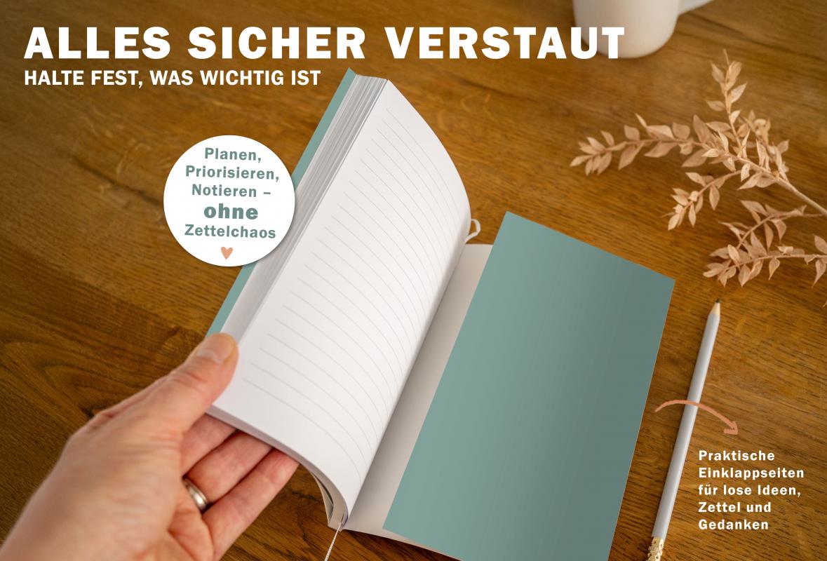 A5 Terminkalender 2026 grün weiß korall mit blanko Seiten liniert für Notizen & Ideen
