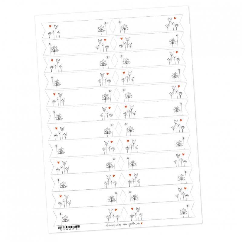 Freitext Etiketten zum selbst beschriften, Handlettering Blumen Design in Weiß Grau