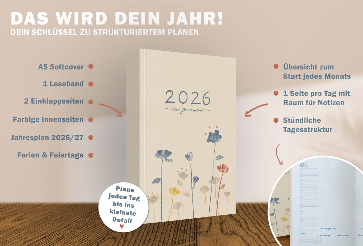 Detailansicht Monatsübersicht A5 Terminkalender 2026, creme blau rot weiß