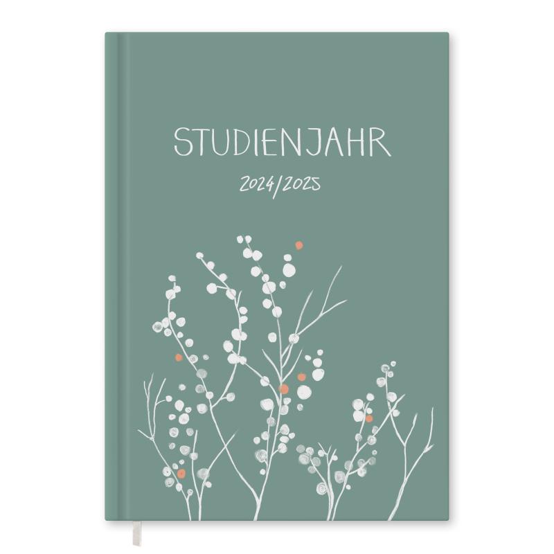 Studienkalender 2024 2025 mint-grün mit Blumen inkl. Planungshelfer für die Studienplanung