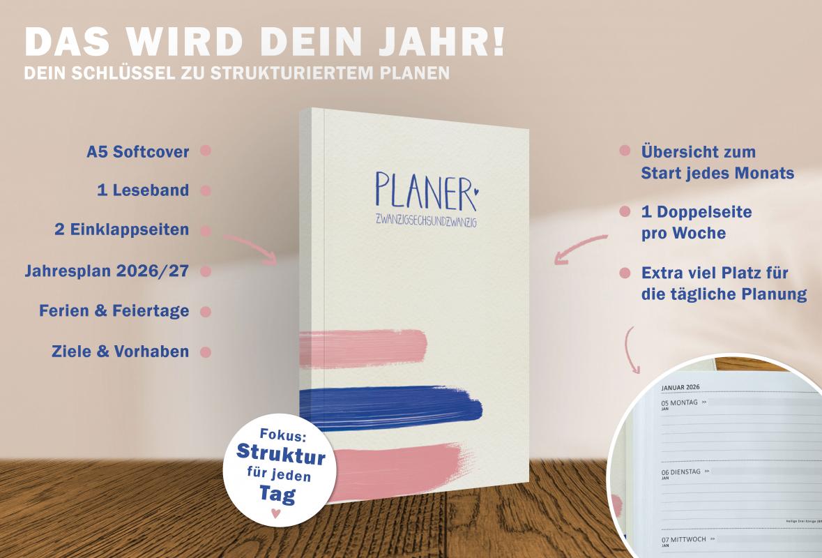 A5 Terminkalender 2026 mit monatlichen extra Notiz-Seiten für To-Do-Listen, Doodles, Notizen
