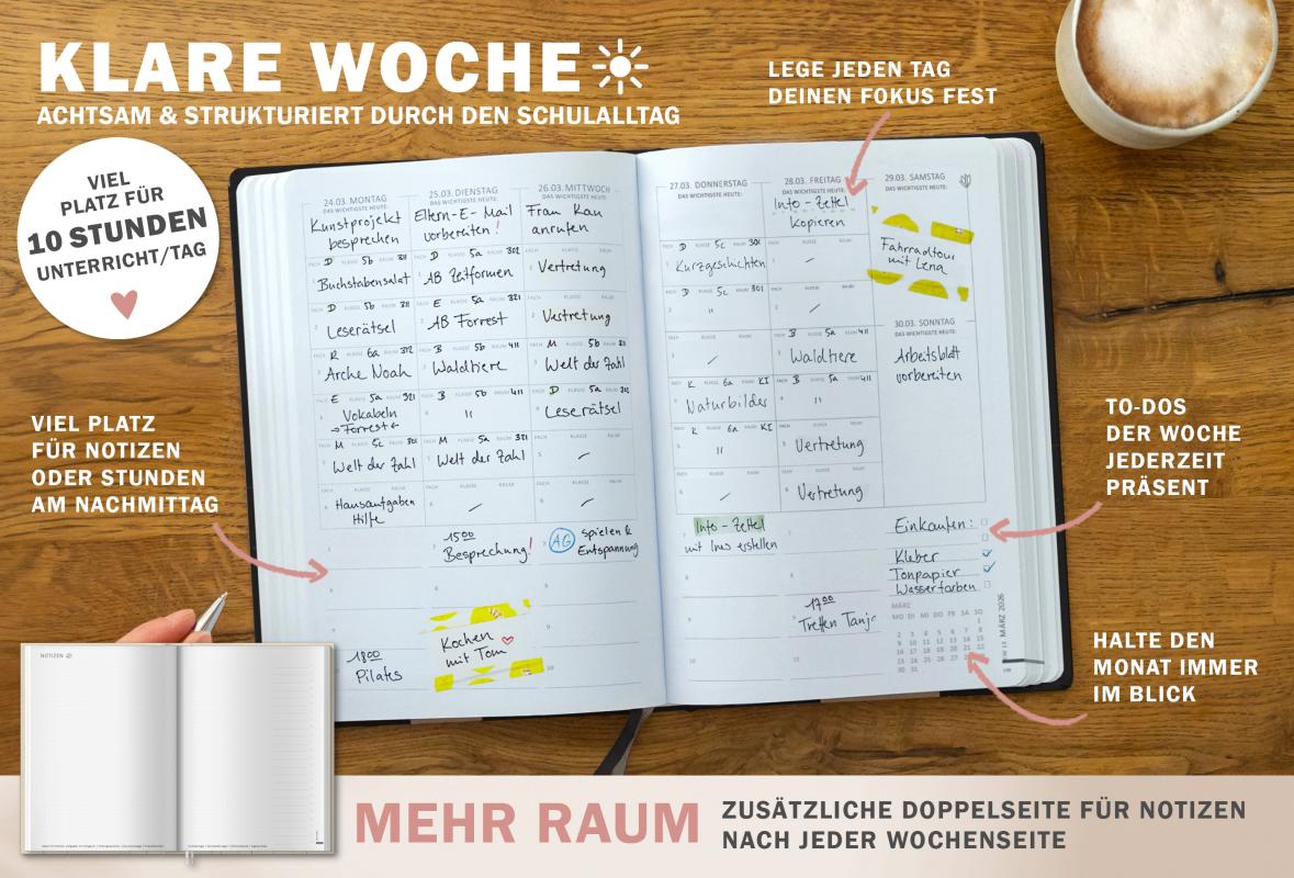 Detailansicht Wochenplanung Lehrerkalender 2025 2026 mit Jahresübersicht, Stundenpläne, Klassenliste, weiß