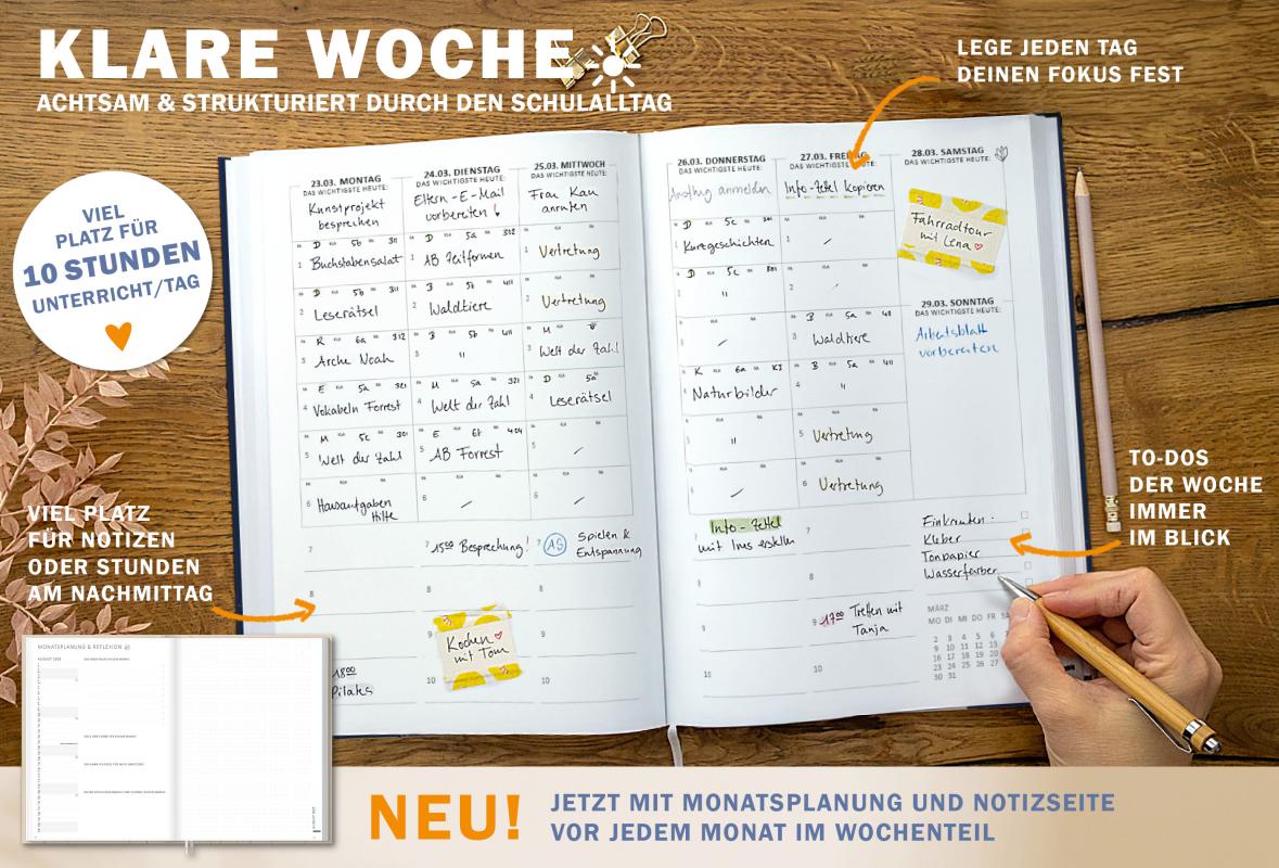 Detailansicht Wochenplanung Lehrerkalender 2025 2026 mit Jahresübersicht, Stundenpläne, Klassenliste, blau weiß