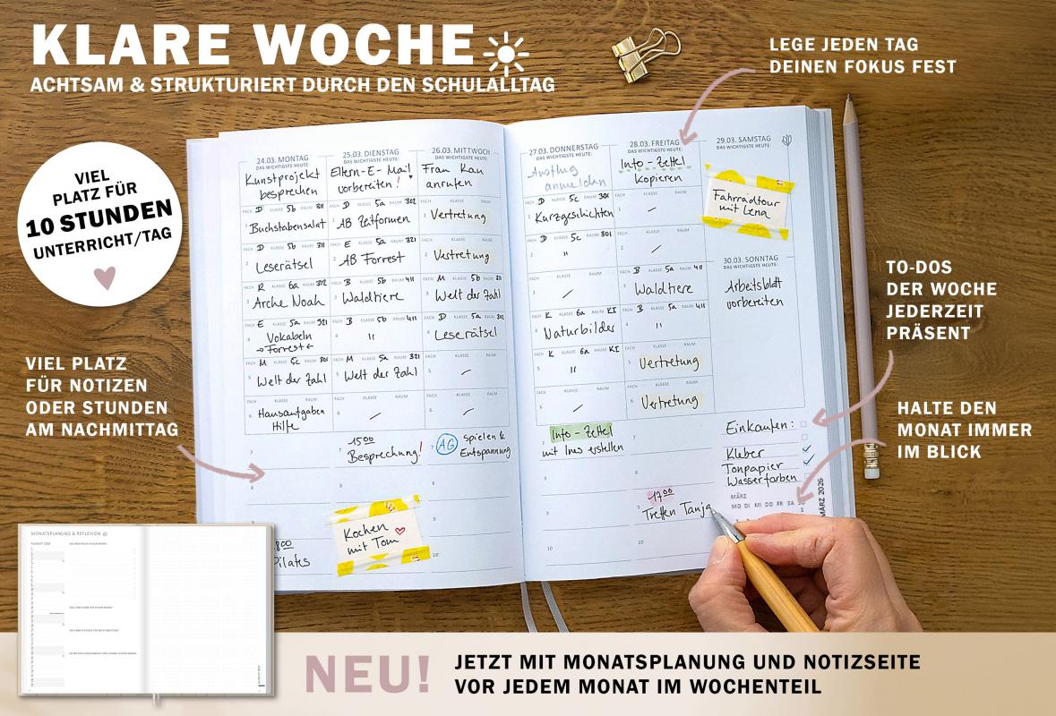 Detailansicht Wochenplanung Lehrerkalender 2025 2026 mit Jahresübersicht, Stundenpläne, Klassenliste, weiß schwarz