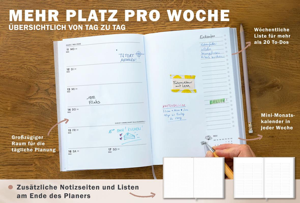 Detailansicht Wochenübersicht A5 Terminkalender 2026, creme-beige weiß rosa