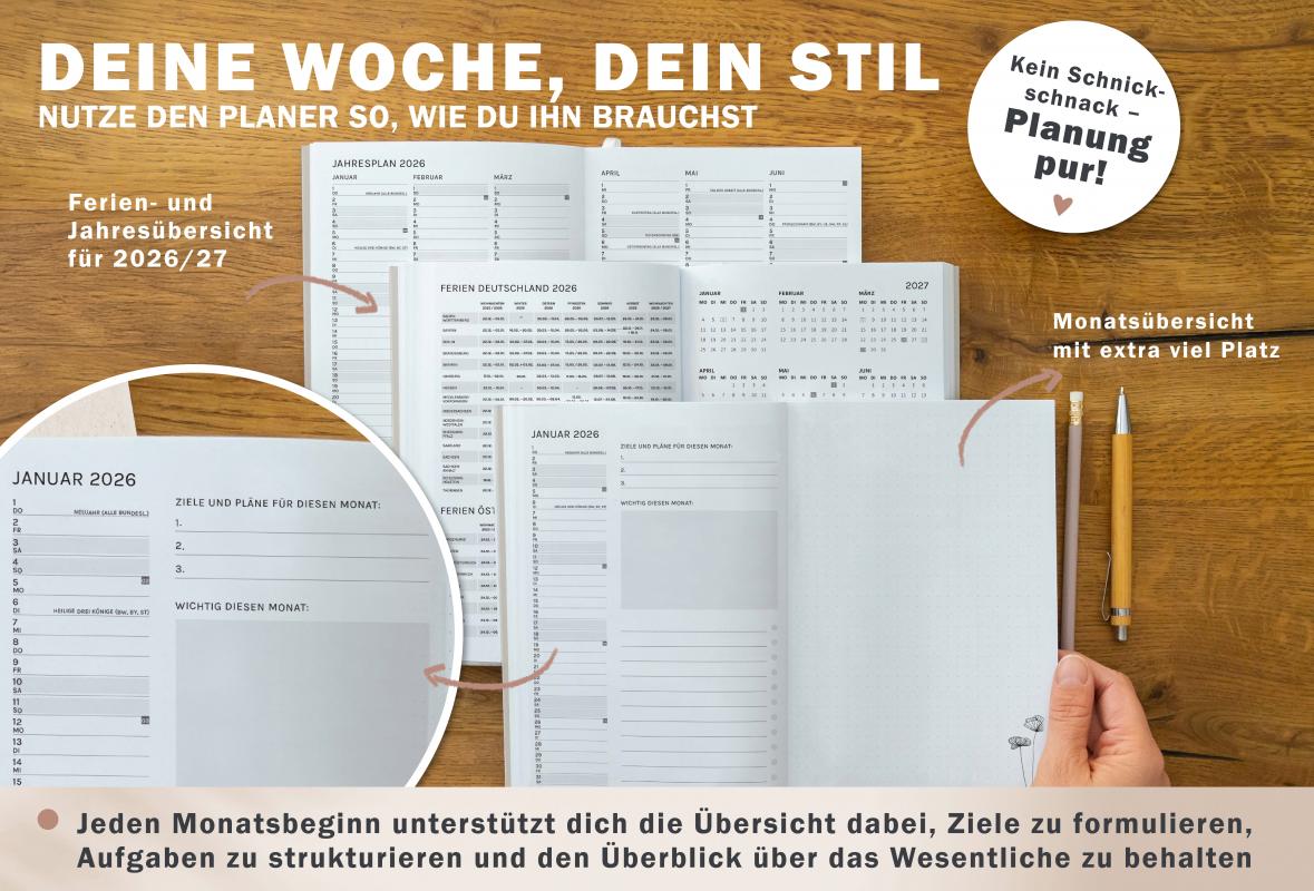 Detailansicht Jahresübersicht Schulferien A5 Terminkalender 2026, creme weiß rosa