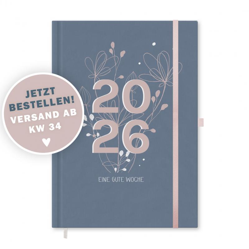 Kalender 2026 blau rosa mit Hilfestellungen für mehr Achtsamkeit