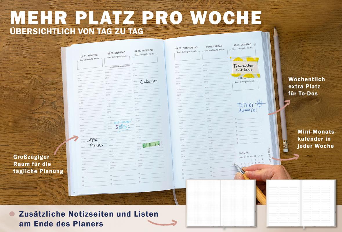 Detailansicht Wochenübersicht A5 Terminkalender 2026, creme-weiß rosa mit Blumen
