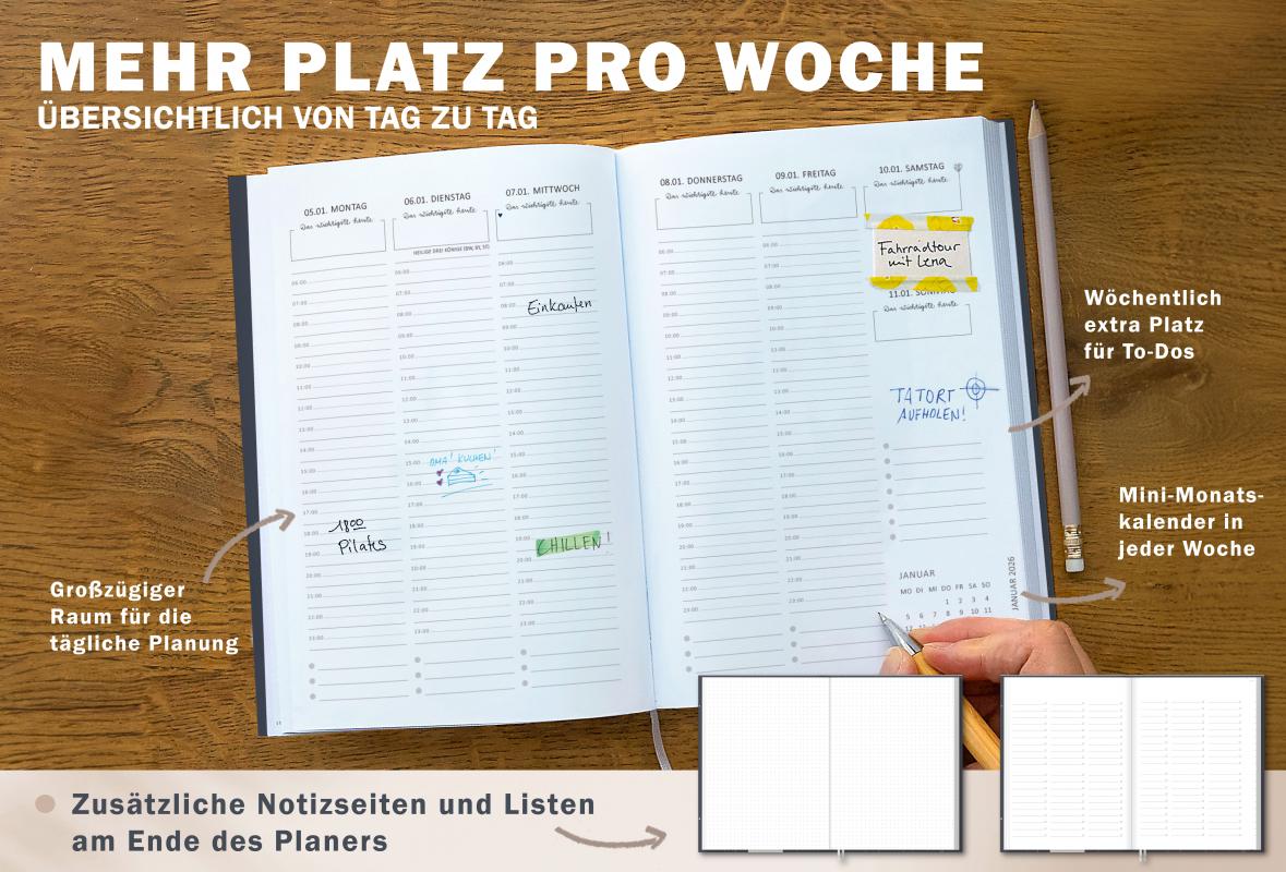 Detailansicht Wochenübersicht A5 Terminkalender 2026, blau weiß creme mit Blumen