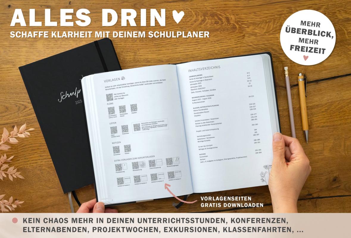 Jahresübersicht Lehrerplaner für Schuhljahr 2025 2026, Terminkalender, eine Woche zwei Seiten, weiß