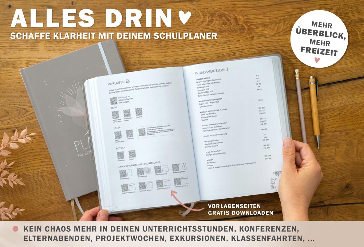 Jahresübersicht Lehrerplaner für Schuhljahr 2025 2026, Terminkalender, eine Woche zwei Seiten, grau beige