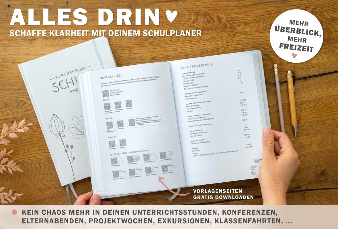 Jahresübersicht Lehrerplaner für Schuhljahr 2025 2026, Terminkalender, eine Woche zwei Seiten, weiß