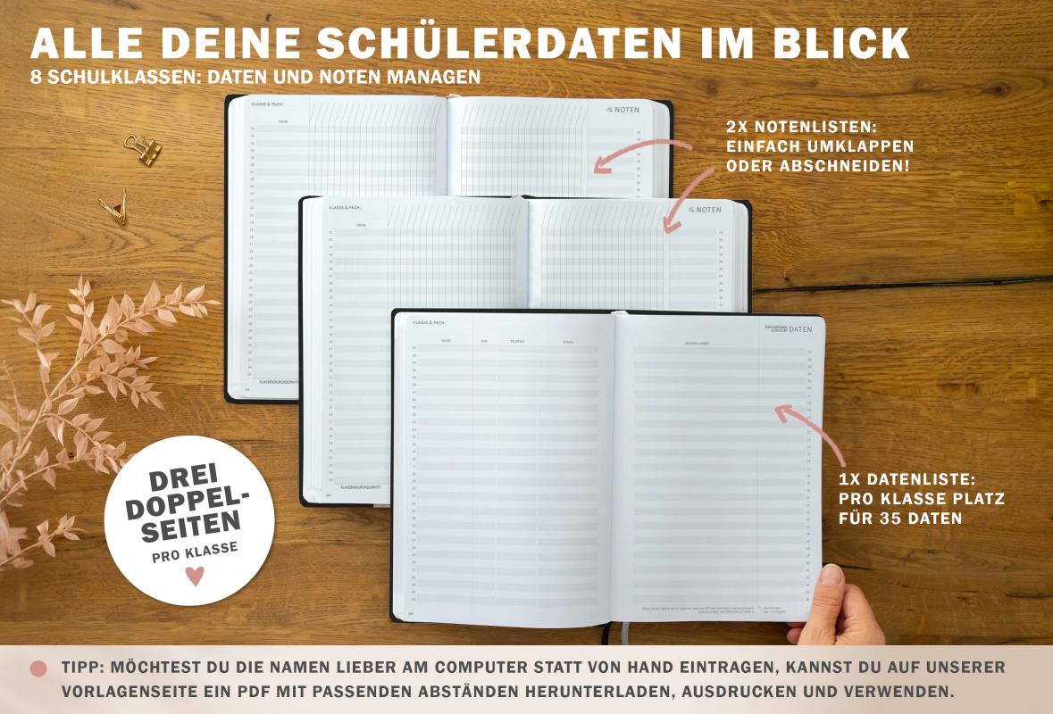 Lehrerkalender für Schuljahr 2025 2026, weiß, mit Stundenplan, Klassenlisten, Kontaktlisten, Klassenarbeiten Planung, Vertretungsstunden, u.v.m.