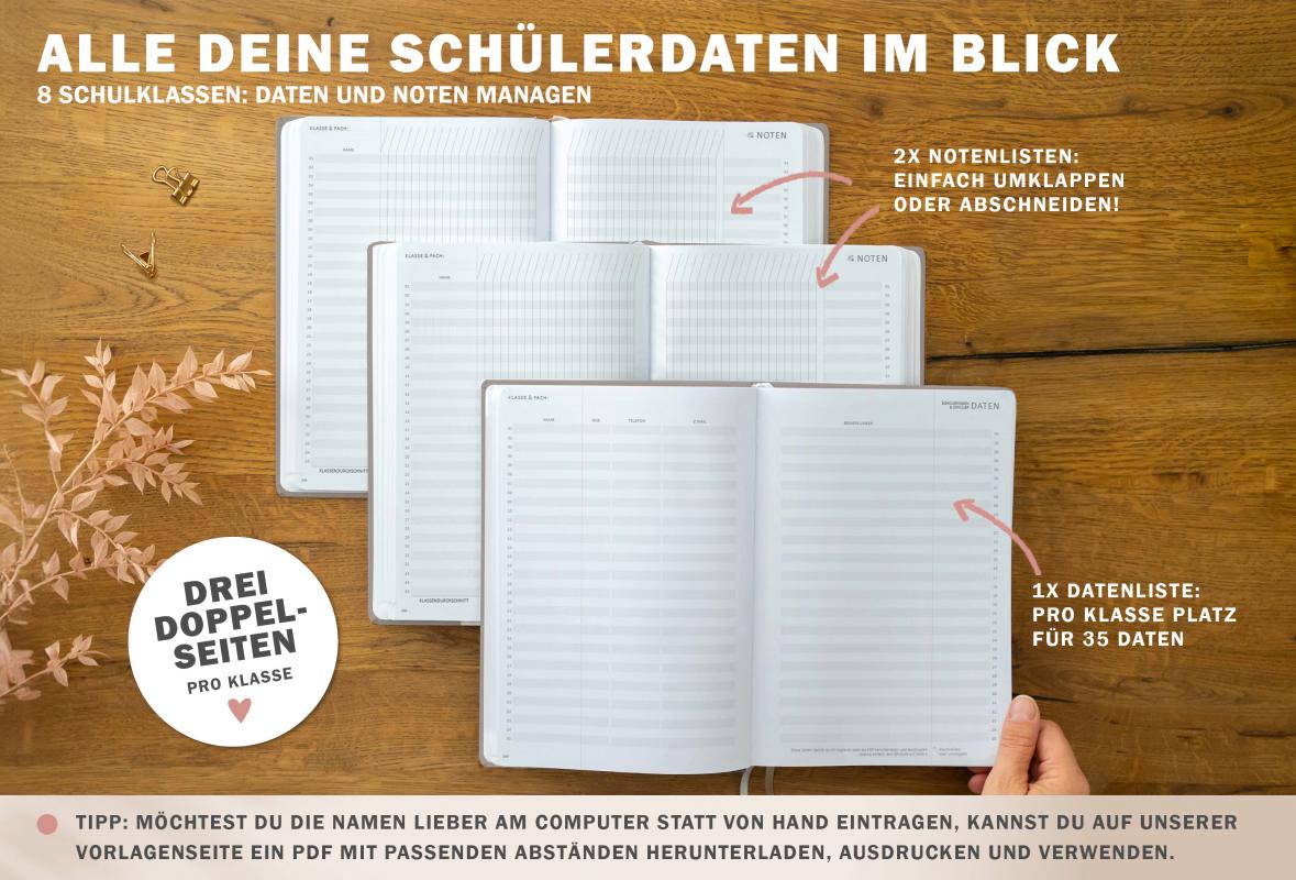 Lehrerkalender für Schuljahr 2025 2026, beige, mit Stundenplan, Klassenlisten, Kontaktlisten, Klassenarbeiten Planung, Vertretungsstunden, u.v.m.