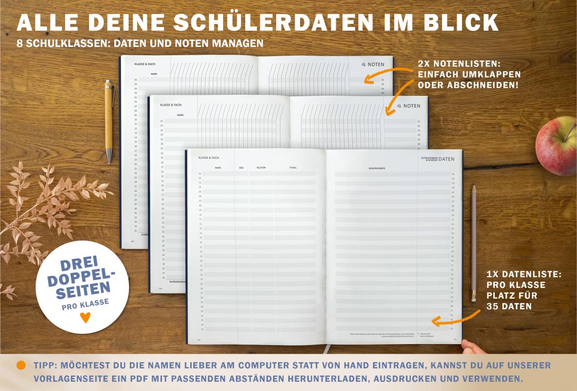 Terminkalender für Lehrerinnen & Lehrer, Schuljahr 2025 2026, mit Stundenplan, Klassenliste und Planungshelfer