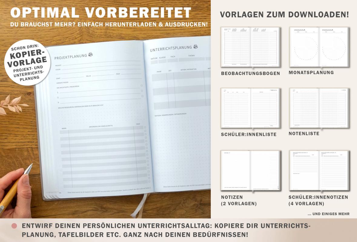 Jahresübersicht Lehrerplaner für Schuhljahr 2025 2026, Terminkalender, eine Woche zwei Seiten, grau beige