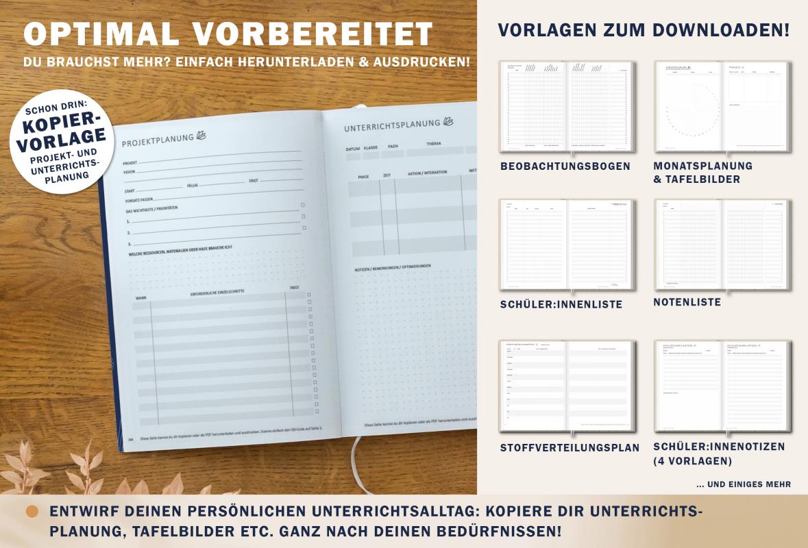 Jahresübersicht Lehrerplaner für Schuljahr 2025 2026, Terminkalender, eine Woche zwei Seiten, blau weiß orange